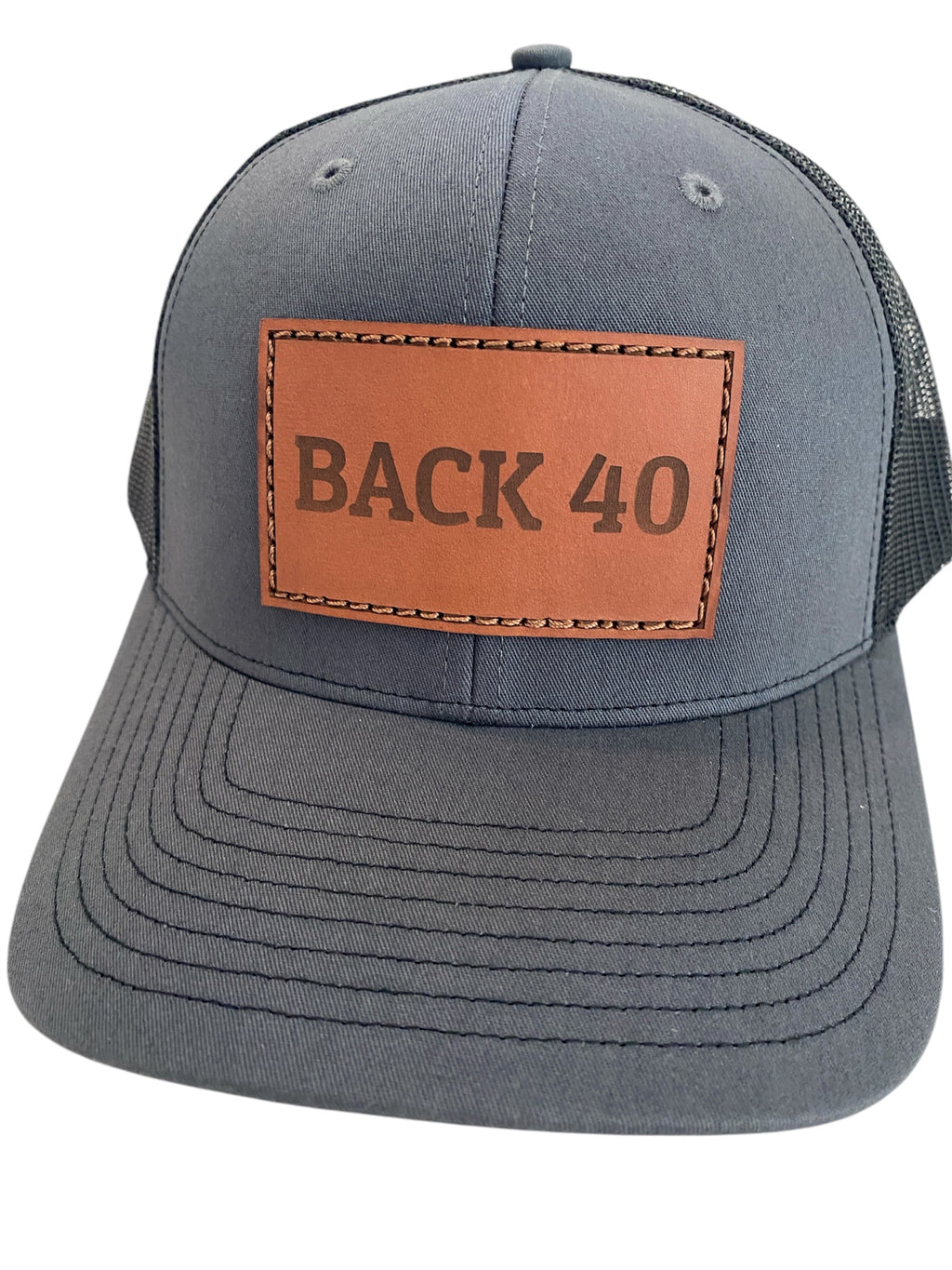 Leather Patch BACK 40 Trucker Hat in charcoal/black