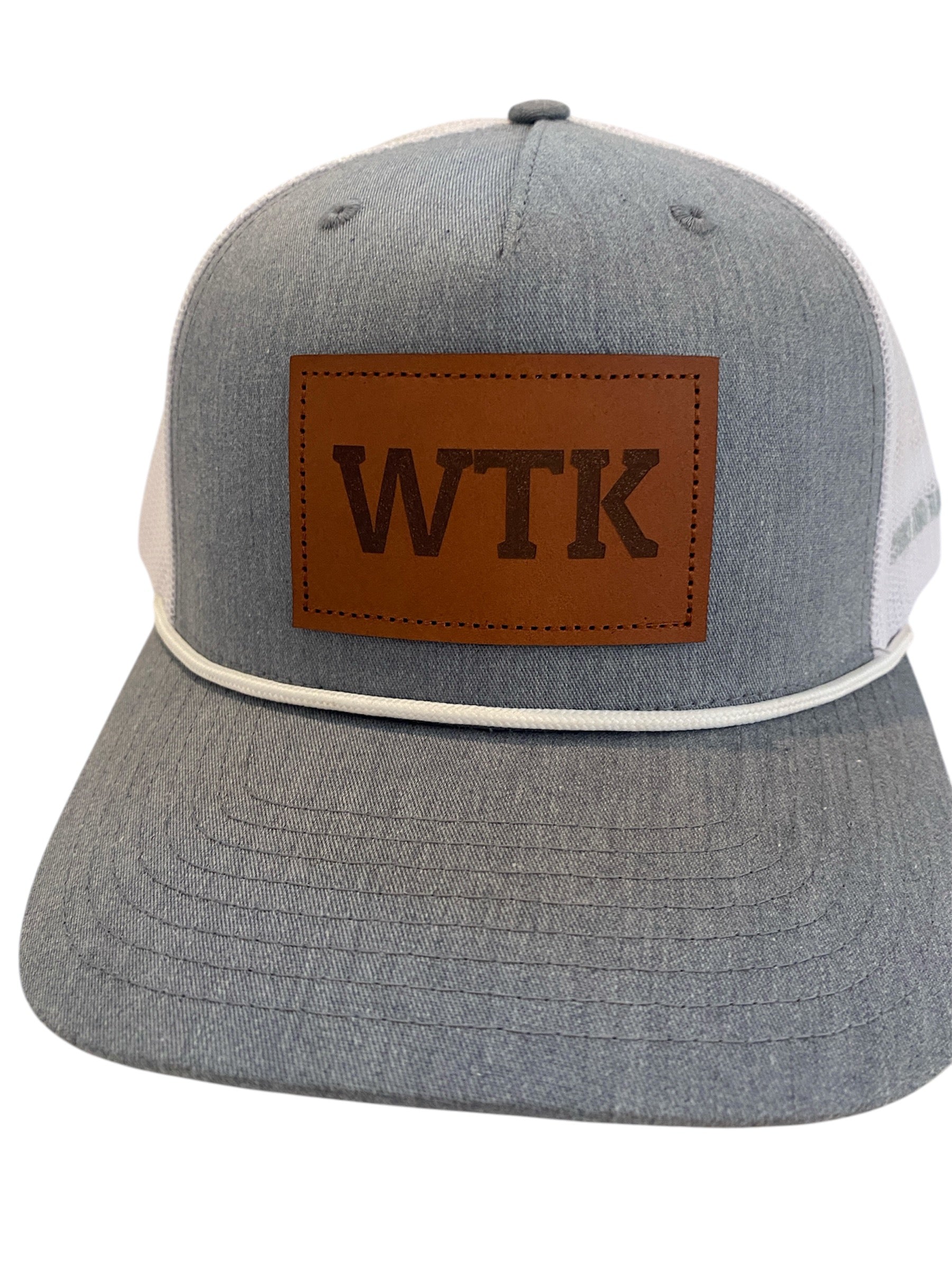 Leather Patch WTK Trucker Hat in heather gray with white rope