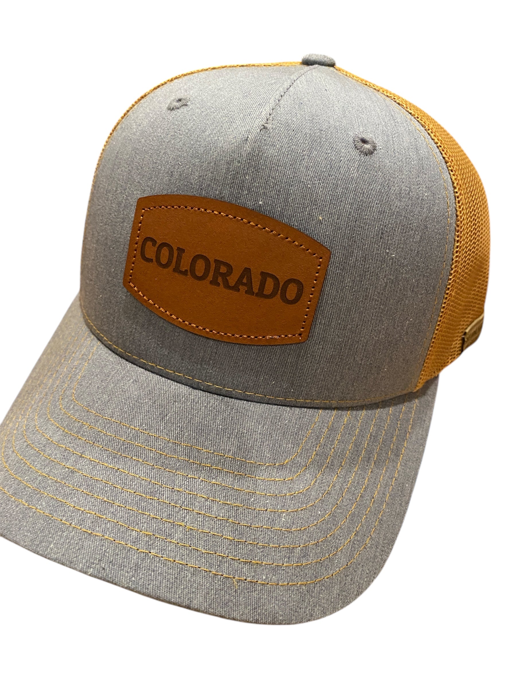 COLORADO Leather Patch Trucker Hat in heather gray/gold