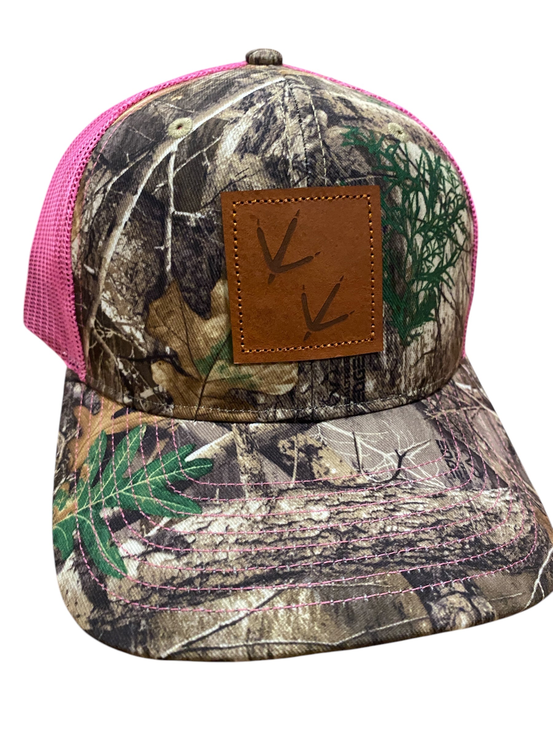 Leather Patch Turkey Tracks Trucker Hat in hot pink/camo