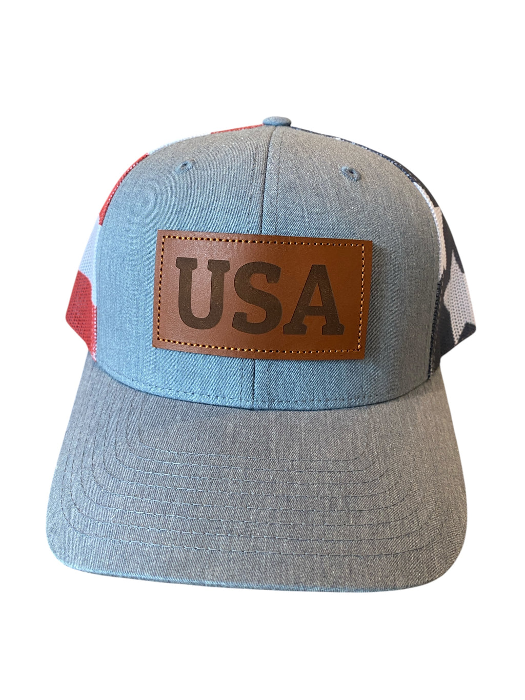 Leather Patch USA trucker hat with red, white, and blue mesh back