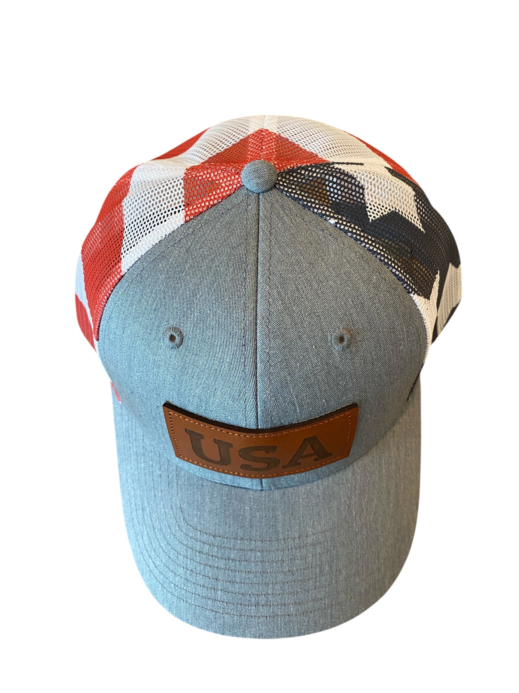Leather Patch USA trucker hat with red, white, and blue mesh back